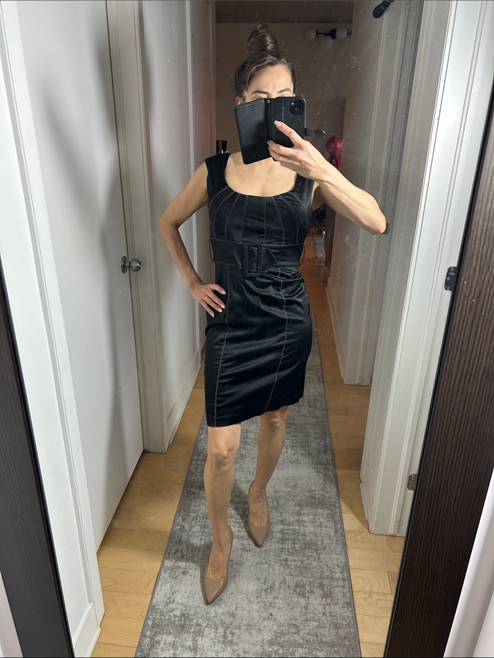 Liz Minelli Black Satin Dress | Reinforced Bust Contrast Stitching